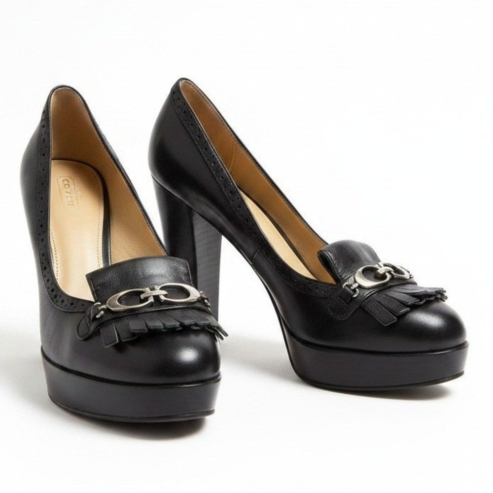 VTG COACH Kiltie Loafer Lynne Pumps Sz 9B Black Leather Block Heel Platform Y2K